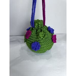 Vintage Handmade Crochet Purse Drawstring With Lining Round Pouch Flower Design
